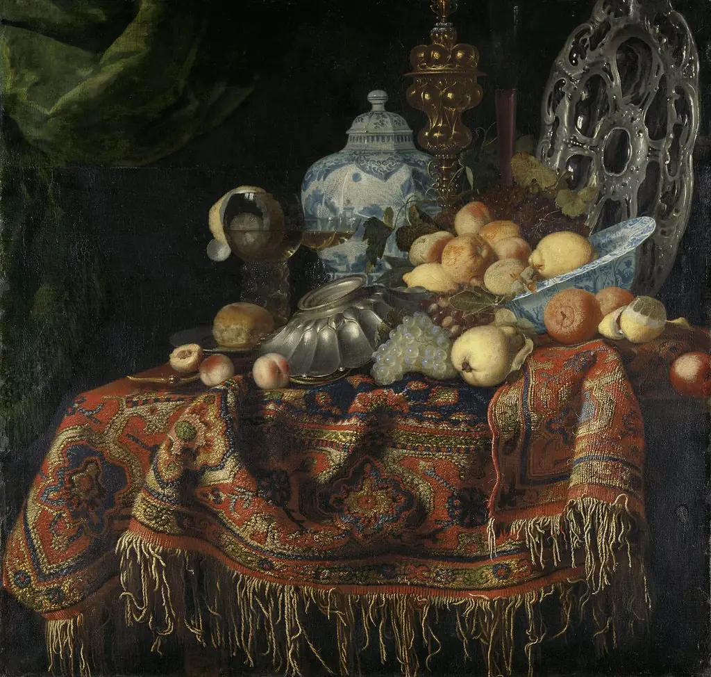Still Life with Fruit, Plates and Dishes on a Turkey Carpet, by Simon Luttichuys, oil, 1650