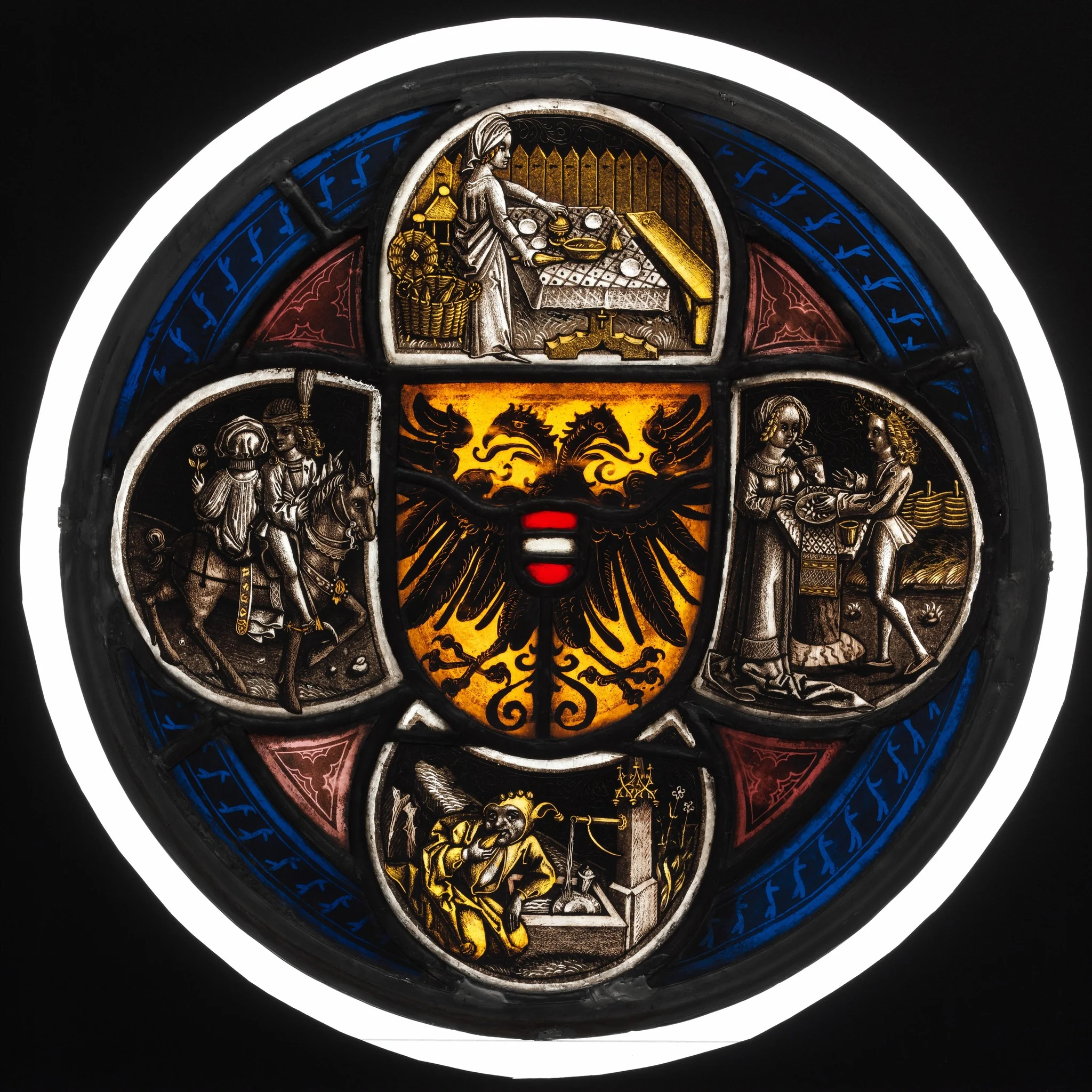 Quatrefoil Roundel with Arms and Secular Scenes, detail