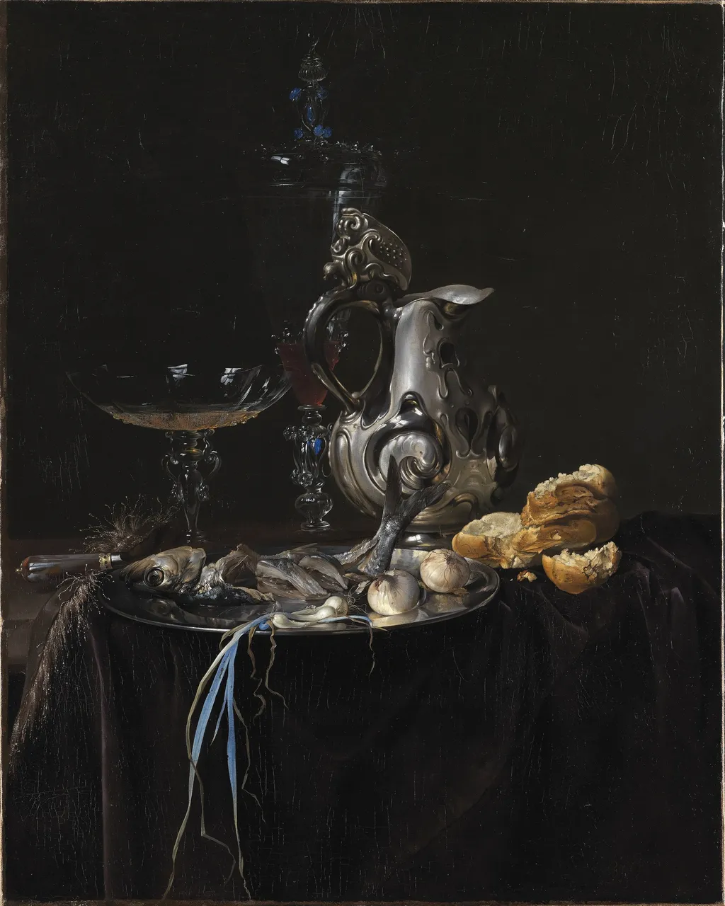 Still Life. Breakfast Piece with a Silver Jug, by Willem van Aelst, oil, 1657
