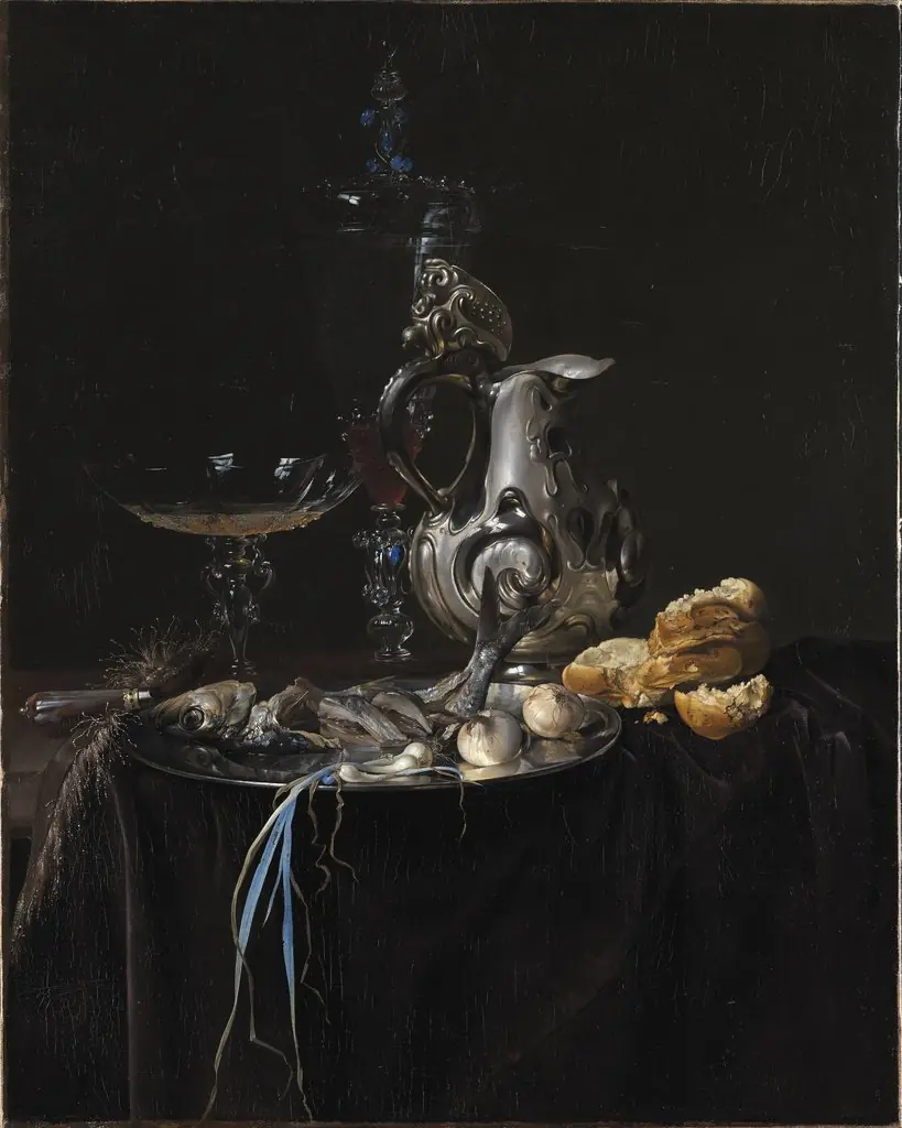 Still Life. Breakfast Piece with a Silver Jug, by Willem van Aelst, oil, 1657