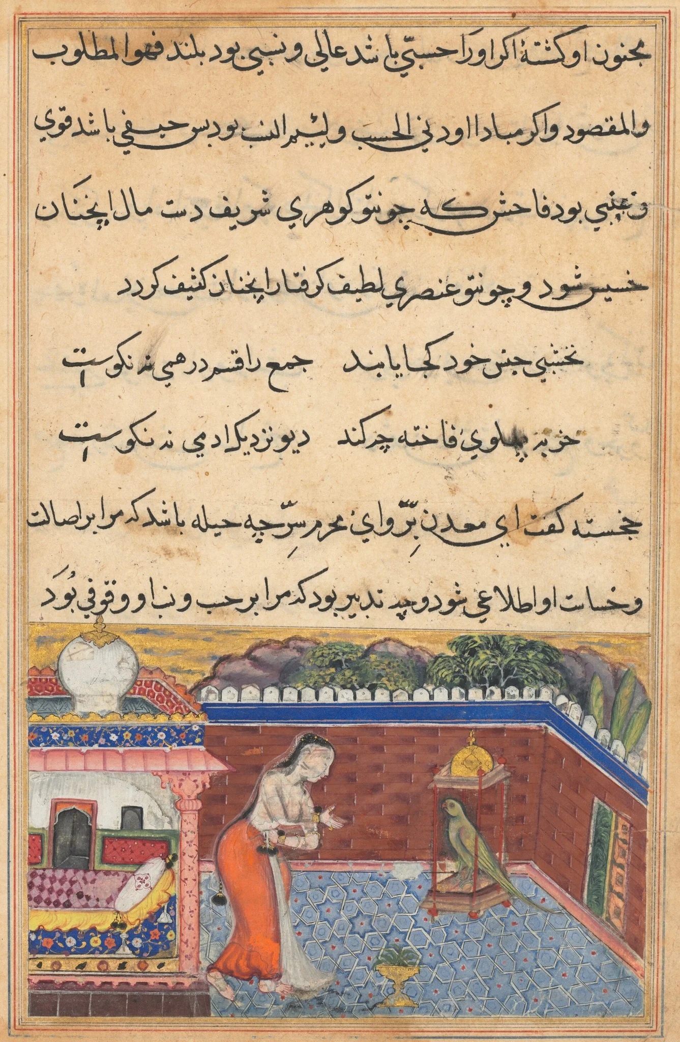 The parrot addresses Khujasta at the beginning of the thirty-first night, from a Tuti-nama (Tales of a Parrot), detail