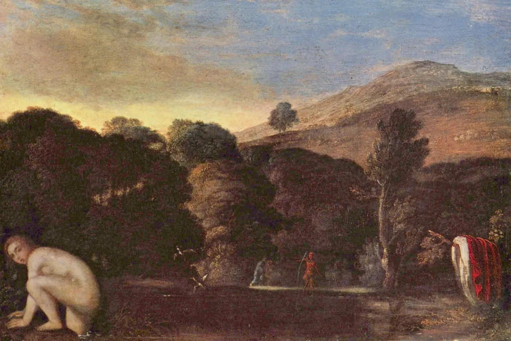 Landscape with bathing nymph, by Johann König, oil, 1605