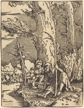Saint Christopher Seated by a River Bank, by Albrecht Altdorfer, ink, 1516