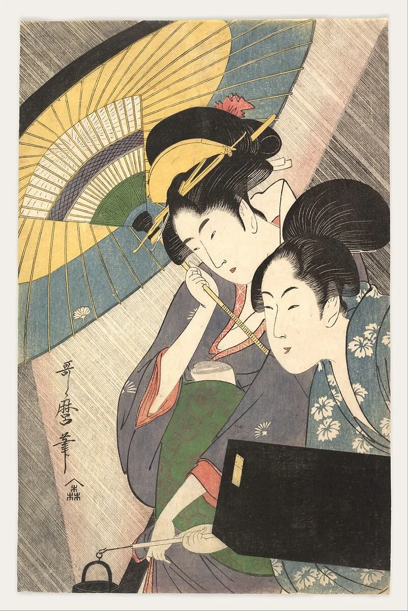 喜多川歌麿画 夜の雨に芸者と三味線箱を持つ女|Geisha and Attendant on a Rainy Night, detail