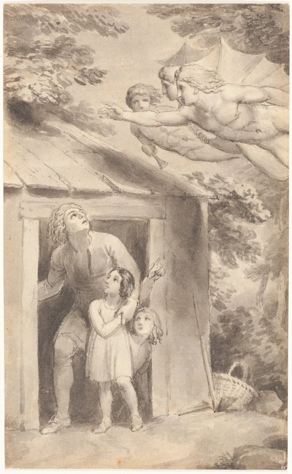Peter and His Children Visited by Three Flying Figures, by Thomas Stothard, graphite, 1783