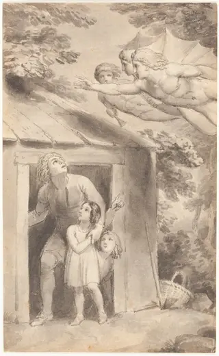 Peter and His Children Visited by Three Flying Figures, by Thomas Stothard, graphite, 1783