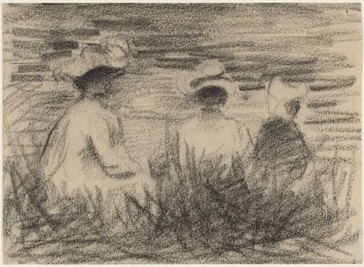 Three Figures Seated in a Meadow, Seen from the Back, by French 19th Century, charcoal, 1801
