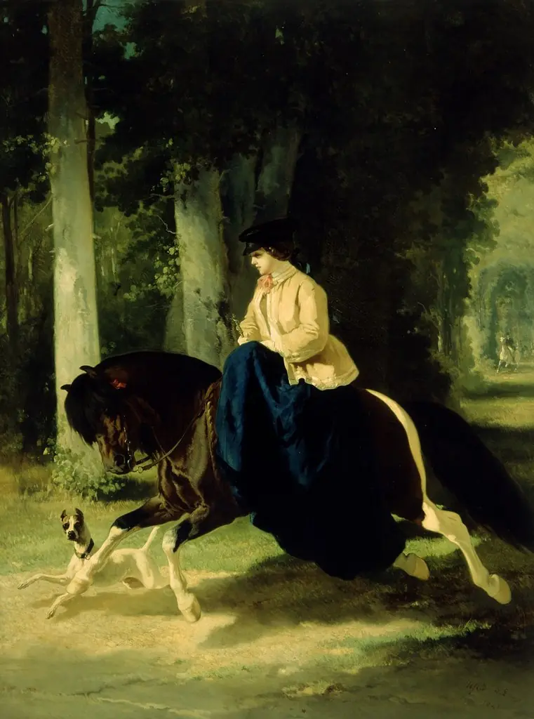 Mademoiselle de Mossellmann Riding in the Bois de Boulogne, Paris, by Alfred de Dreux, oil, 1848