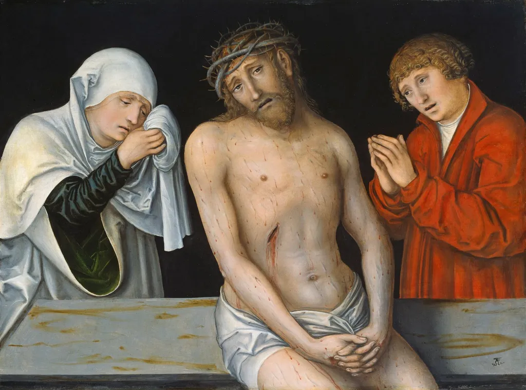 Man of Sorrows flanked by the Virgin and St John, by Lucas Cranach the Elder, oil, 1540