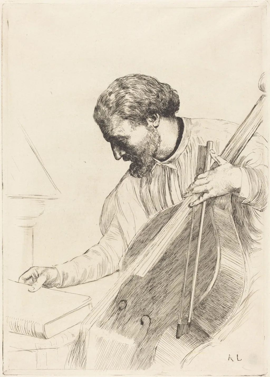 The Bass Player (Le joueur de contre-basse), by Alphonse Legros, ink, 1874