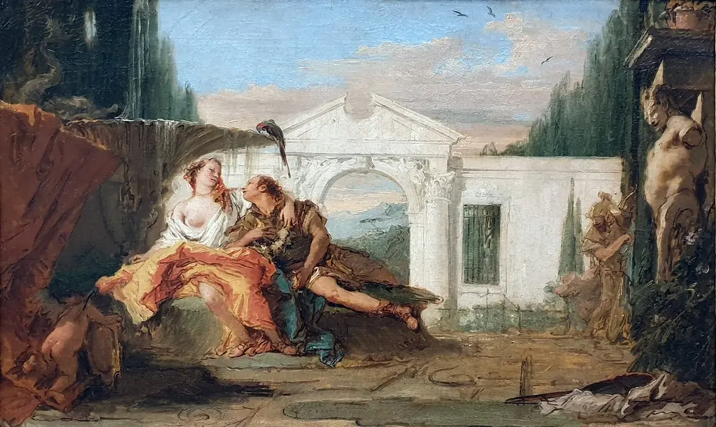 Rinaldo and Armida in Armida's magic garden, eavesdropped by Carlo and Ubaldo, by Giovanni Battista Tiepolo, oil, 1751