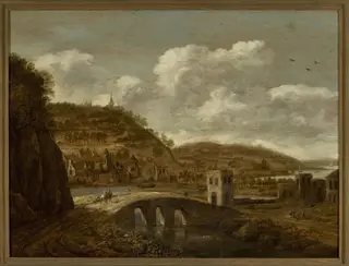 Mountain landscape with a bridge, by Dionys Verburg, oil, 1698