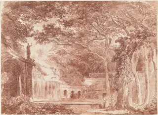 The Oval Fountain in the Gardens of the Villa d'Este, Tivoli, by Hubert Robert, graphite, 1760