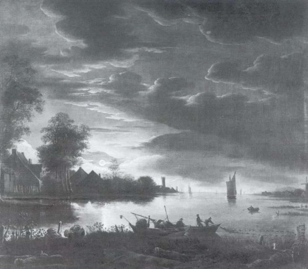 Moonlight Landscape with Seine-fishing, detail