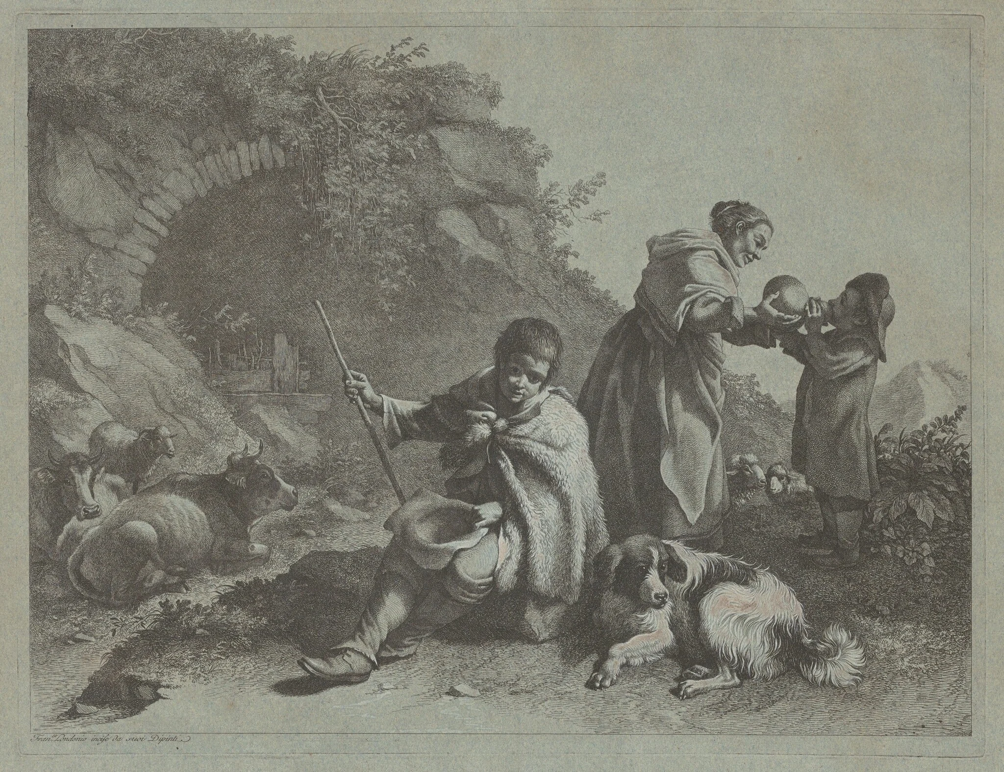 Seated Shepherd Boy and Woman Giving a Drink to a Child, detail