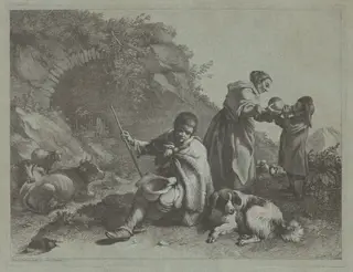 Seated Shepherd Boy and Woman Giving a Drink to a Child, by Francesco Londonio, ink, 1770