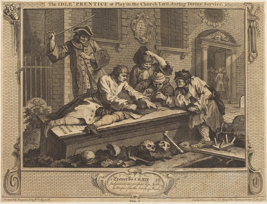 The Idle 'Prentice at Play in the Church Yard, during Divine Service, by William Hogarth, ink, 1747