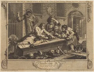 The Idle 'Prentice at Play in the Church Yard, during Divine Service, by William Hogarth, ink, 1747