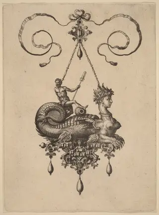 Design for a Pendant with a Sphinx with the Body of a Fish Carrying a Man with an Oar, by Adriaen Collaert, ink, 1582