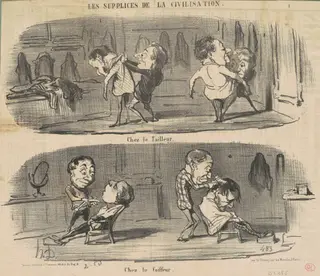 Chez le tailleur chez le coiffeur, by Honoré Daumier, ink, 1853