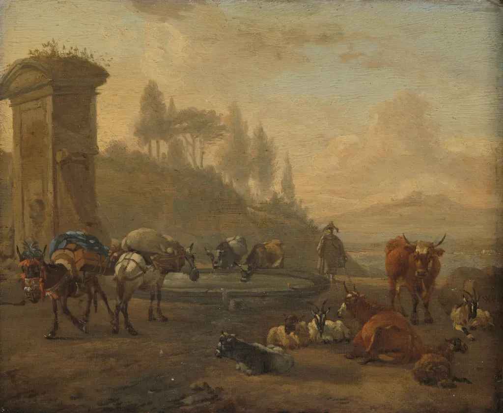 Herd near a fountain, by Willem Romeyn, oil, 1650