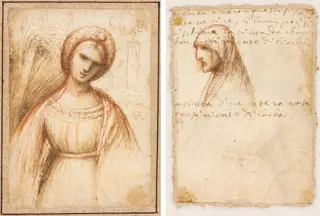 Lady in a Landscape (recto); Bust-Length Profile of an Old Woman (verso), by Dosso Dossi