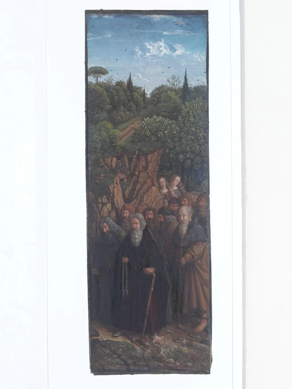 Copy of a detail of the Ghent Altarpiece, The  Pilgrims, by Hubert and Jan van Eyck in the church of St. Bavon, Ghent., by Christian Schultz, watercolor, 1864