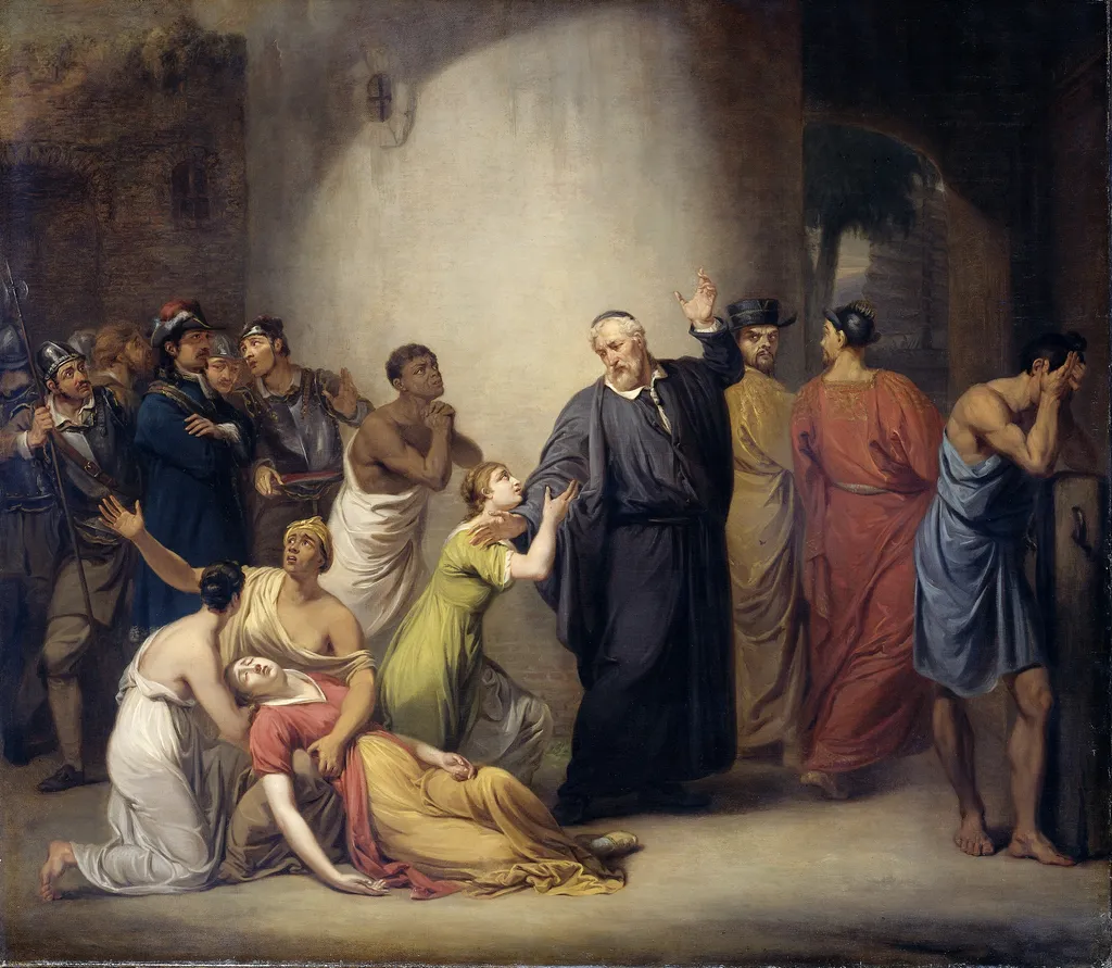 The self-sacrifice of Dutch missionary Antonius Hambroeck in Formosa, by Jan Willem Pieneman, oil, 1810