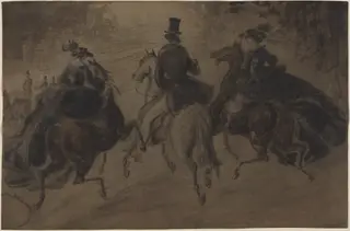 Cavalier and Two Ladies on Horseback, by Constantin Guys, watercolor, 1848