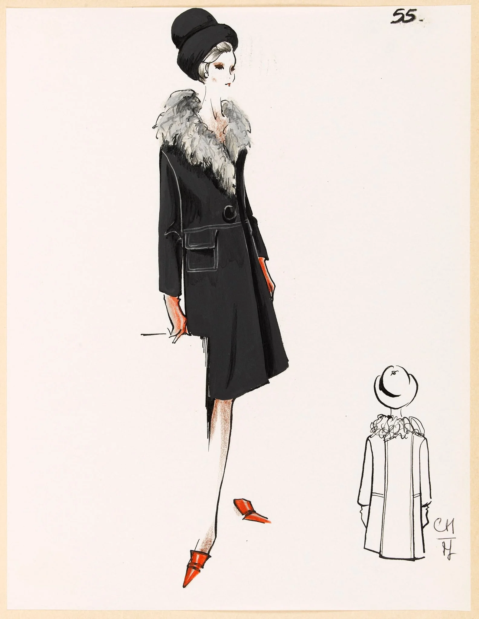 Manteau noir à col de fourrure et chapeau assorti, detail