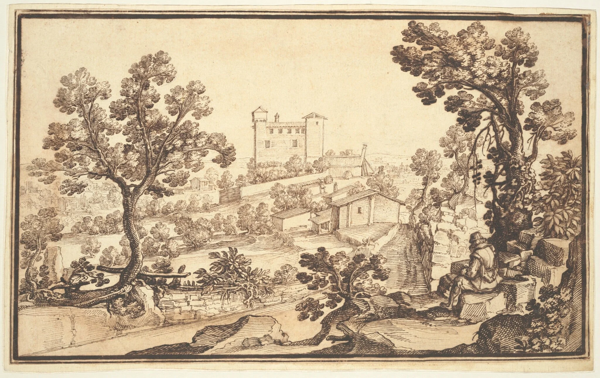 Landscape with a Man Resting, Farm Houses, and a Castle, detail