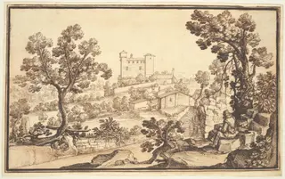 Landscape with a Man Resting, Farm Houses, and a Castle, by Remigio Cantagallina, chalk, 1628