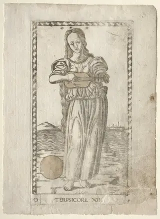Terpsichore  (dancing and song) (from the Tarocchi series D:  Apollo and the Muses, #13), by Master of the E-Series Tarocchi, 1467