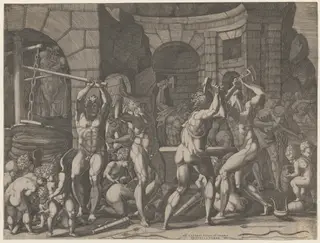 Vulcan and Cyclops Forging Cupid's Arrows, by Master FG, ink, 1544