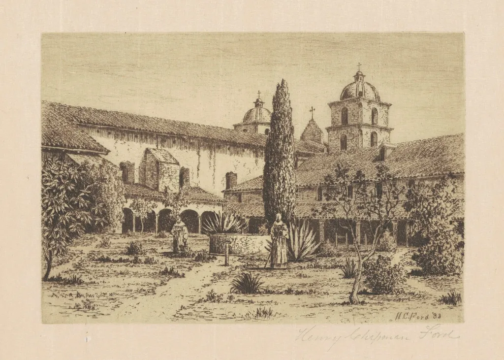 Garden, Mission Santa Barbara, by Henry Chapman Ford, ink, 1888