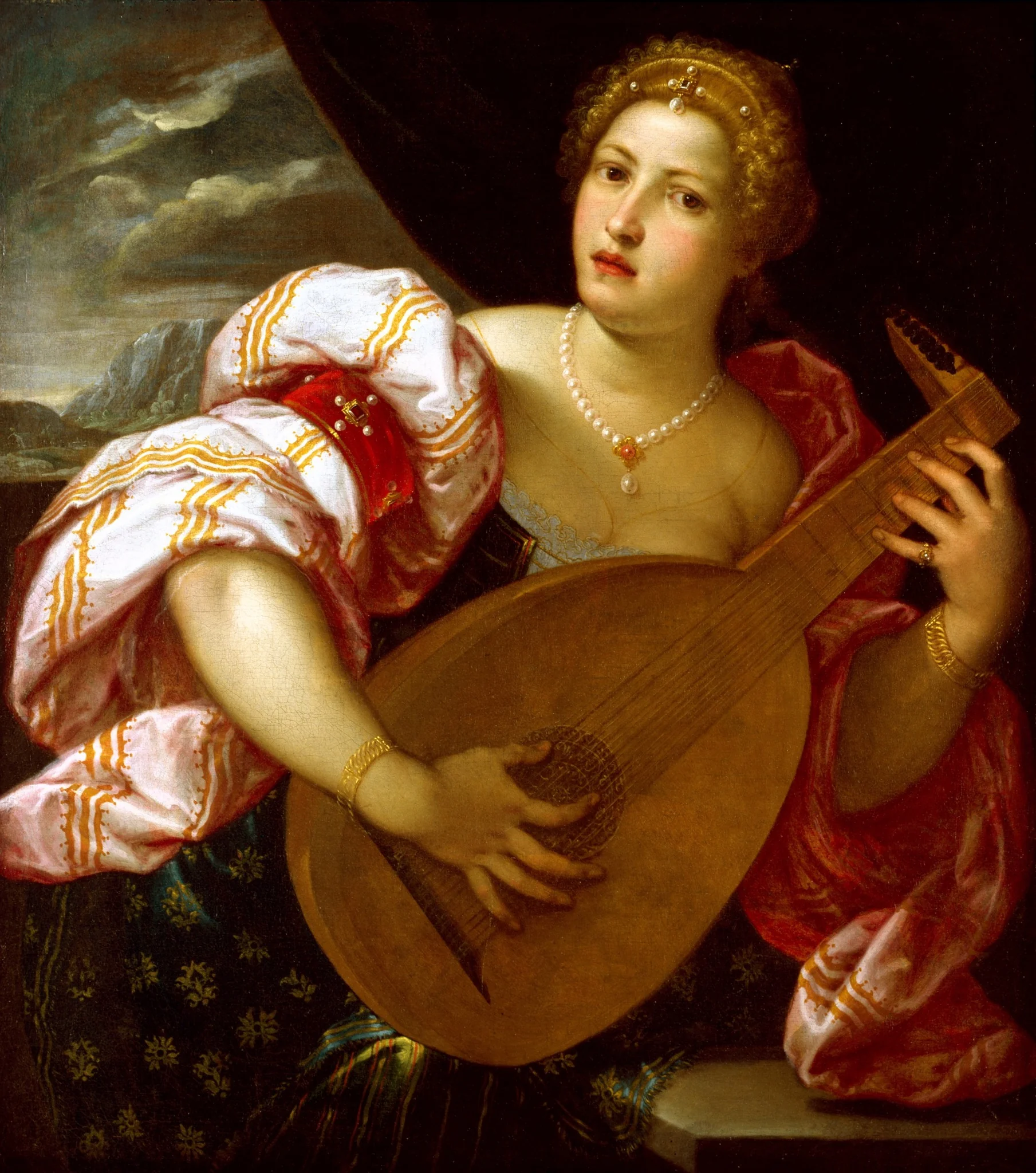 Young Woman Playing a Lute, detail