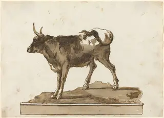 A Bull on a Ledge, by Giovanni Domenico Tiepolo, ink, 1774