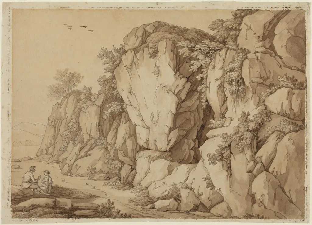 A Young Couple Seated near a Massive Rock Formation, by Johann August Nahl II, ink, 1788