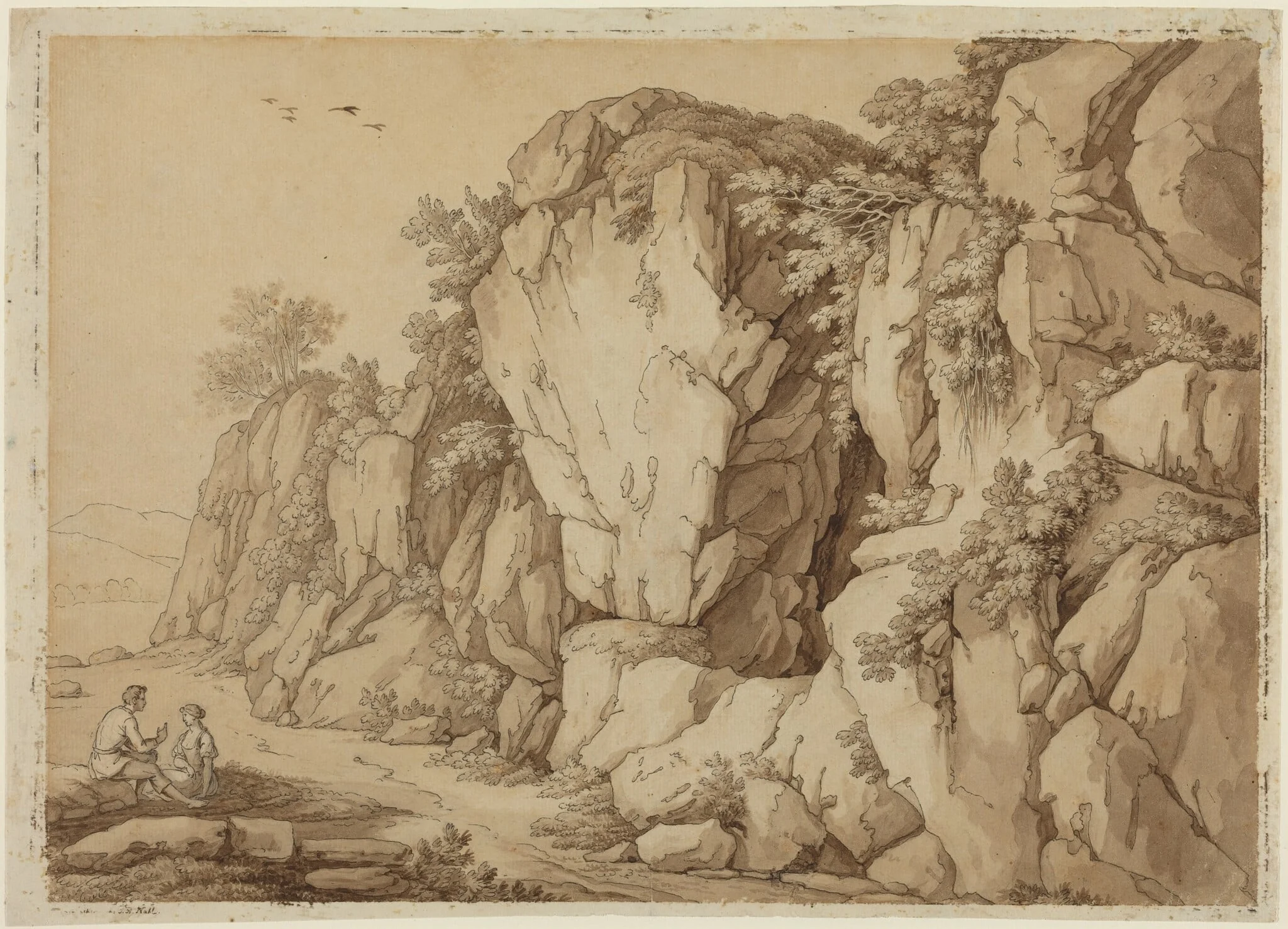 A Young Couple Seated near a Massive Rock Formation, detail