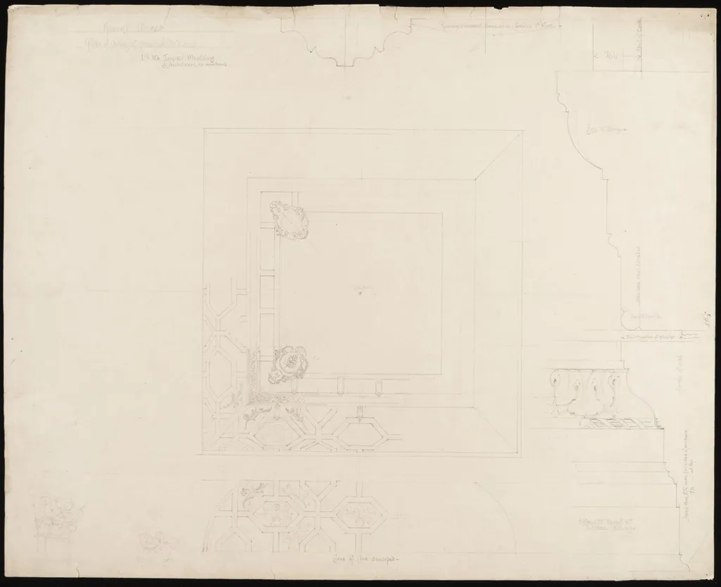Kinmel Hall, drawing no. 348 and 354, plan of ceiling for principal staircase, by William Eden Nesfield, 1874