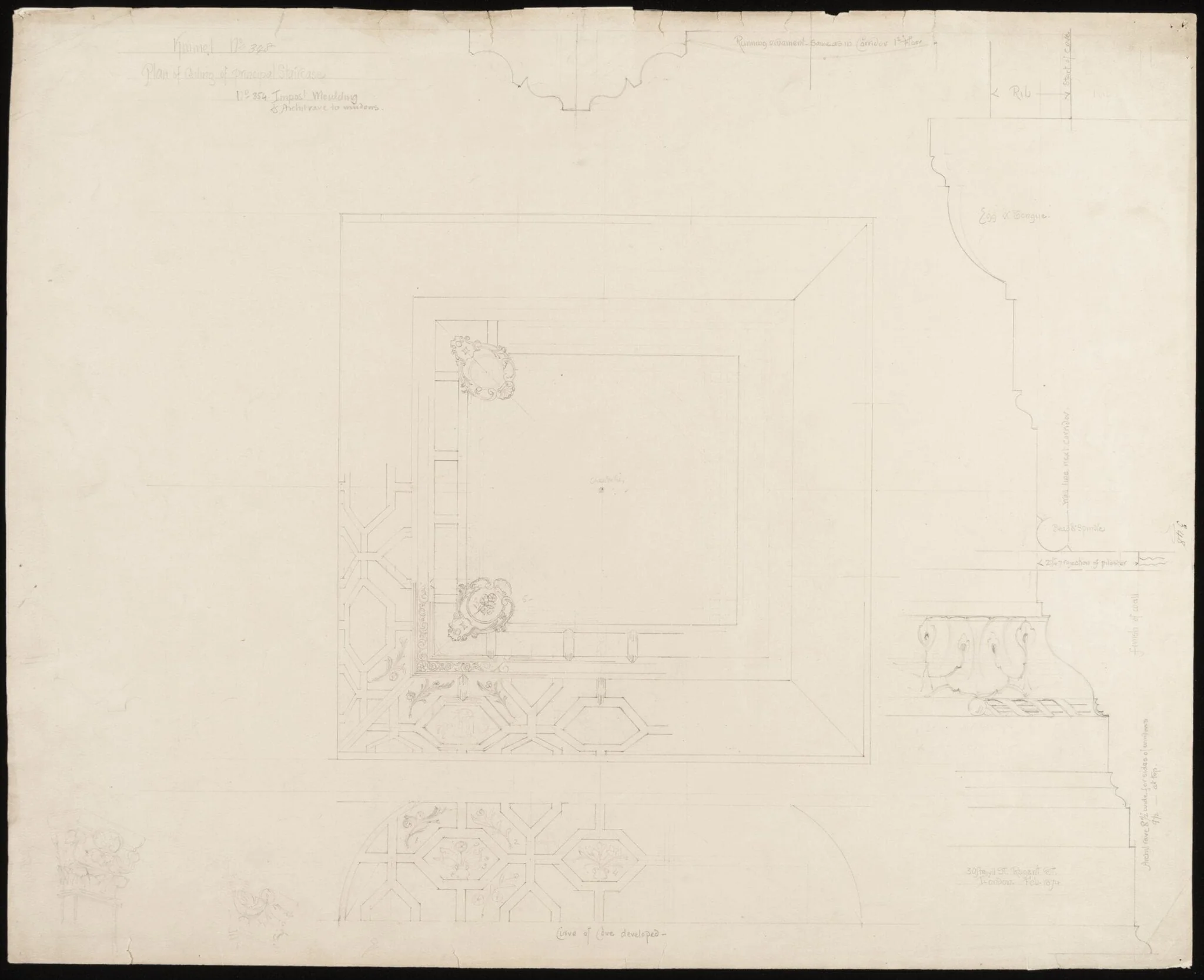 Kinmel Hall, drawing no. 348 and 354, plan of ceiling for principal staircase, detail