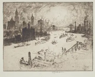 Sunset, from Williamsburg Bridge, by Joseph Pennell, ink, 1915