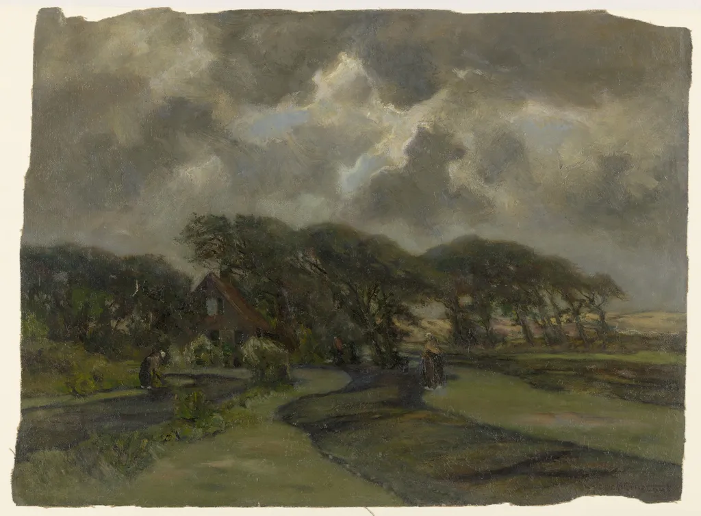 Huisje bij boomrand en vrouwen met visnetten, by Frans Smissaert, oil, 1908