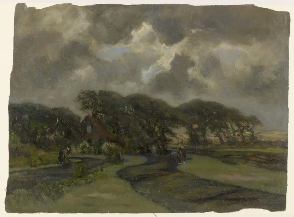 Huisje bij boomrand en vrouwen met visnetten, by Frans Smissaert, oil, 1908