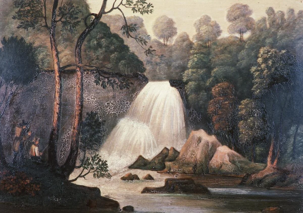 Landscape with waterfall, south Wales, detail
