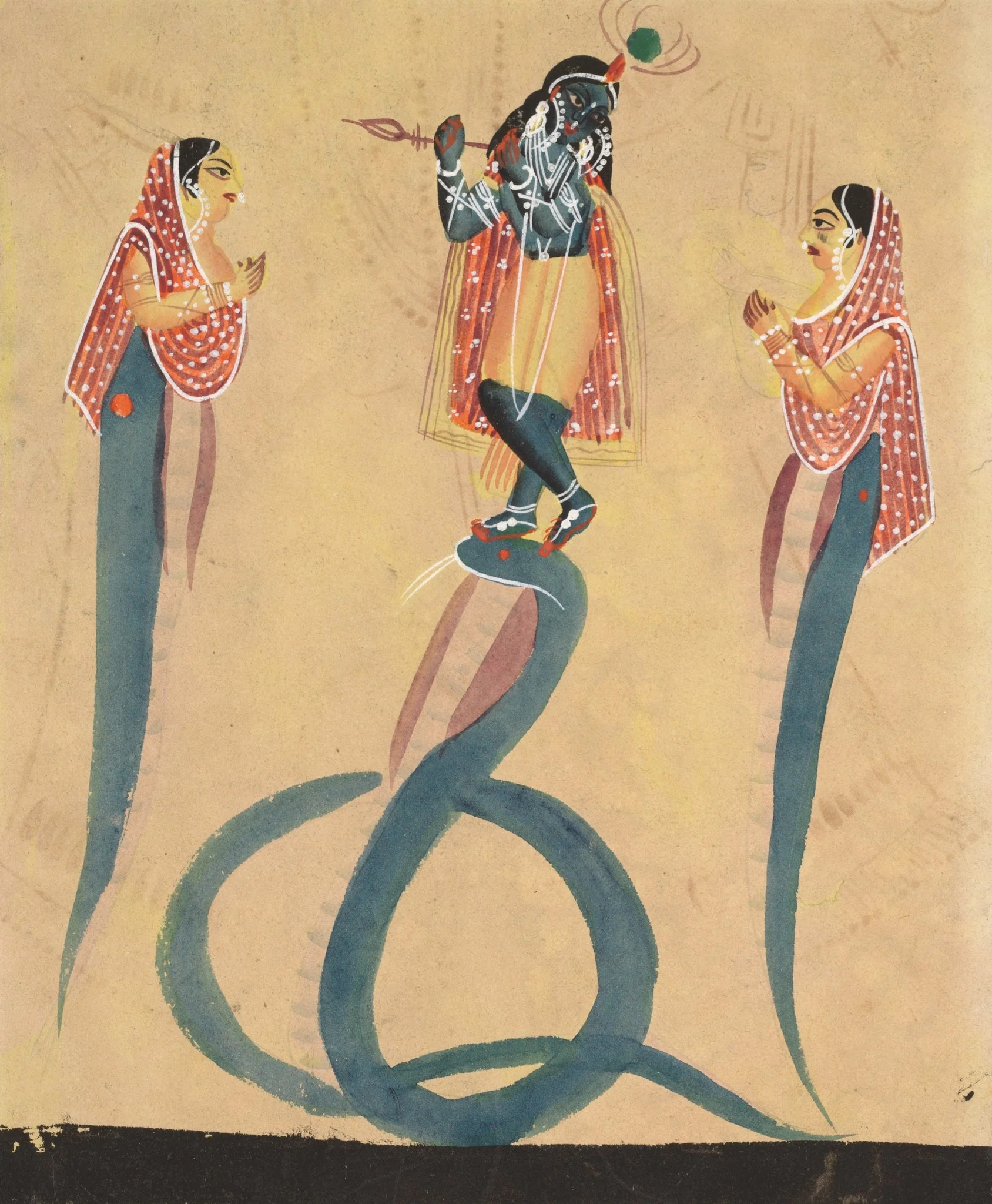 Krishna quells the serpent Kaliya (verso), from a Kalighat album, detail