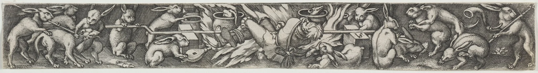 Rabbits Roasting a Hunter and His Dogs, detail