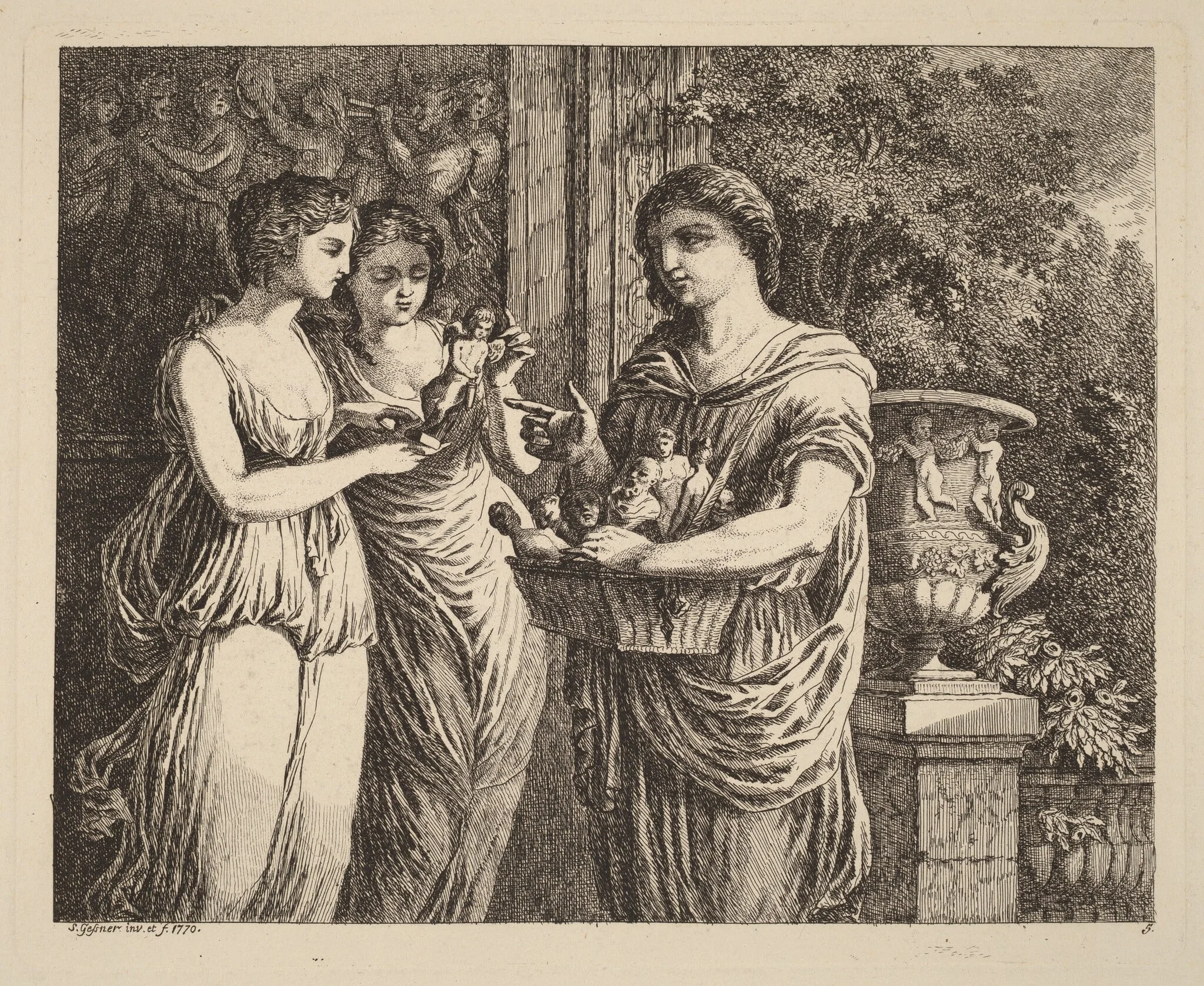 Figurine Seller with Two Girls, detail