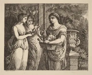 Figurine Seller with Two Girls, by Salomon Gessner, ink, 1770