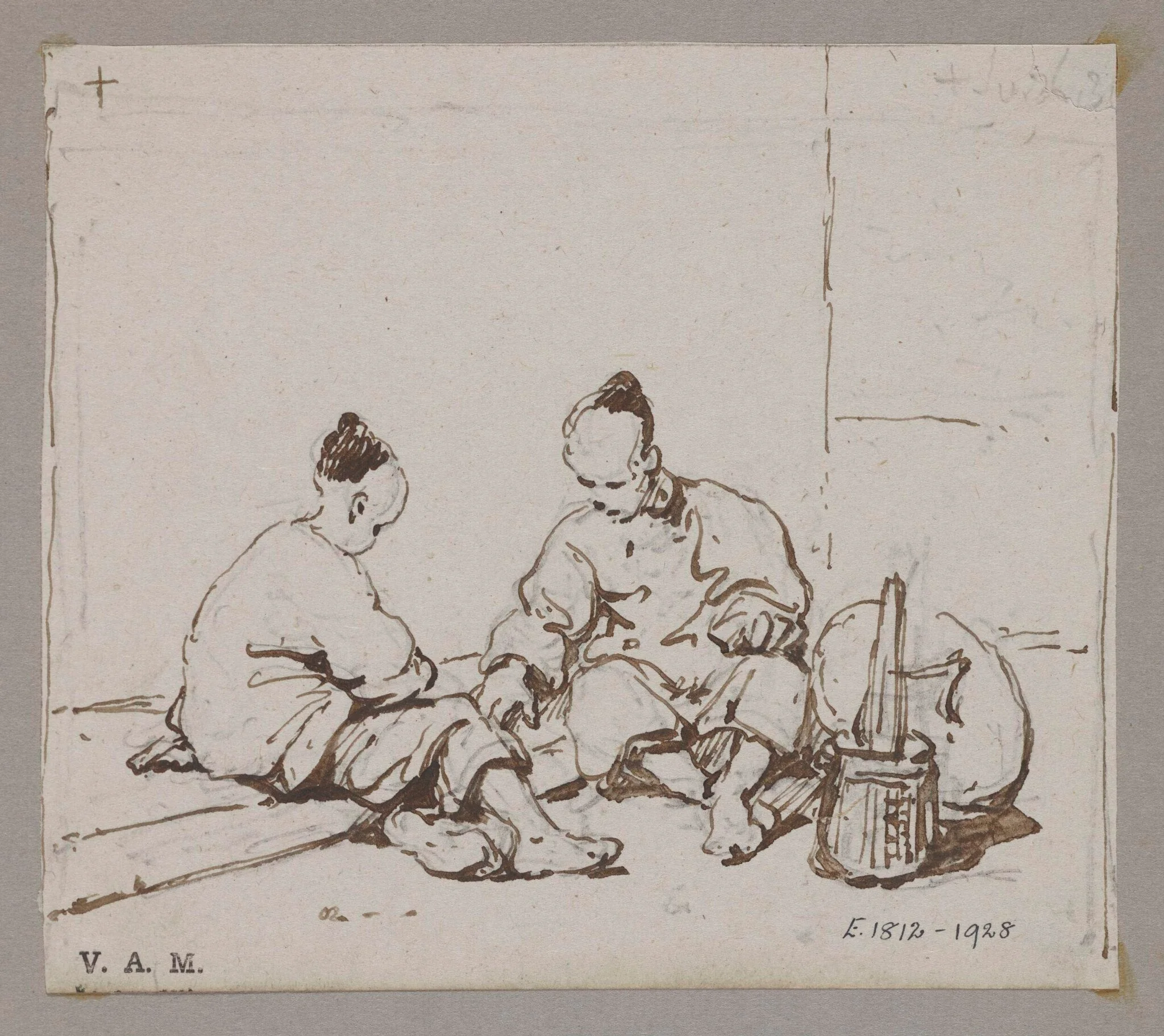 Two seated Chinese figures with a basket and hat, detail